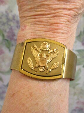 WWII US ARMY Hidden Locket Bracelet: Gold Matte Metal Hinged Military Cuff~ RARE